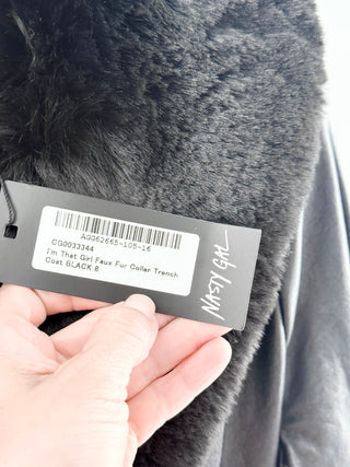 nasty gal "I'm That Girl" faux leather trench coat designed with dramatic oversized faux fur collar and matching cuff detailing, featuring button-front closure and adjustable waist ties, 4