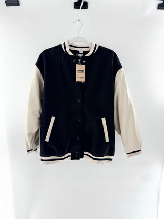H&M varsity jacket featuring a wool-blend body with contrasting faux leather sleeves, designed with snap-button front, striped ribbed trim, S