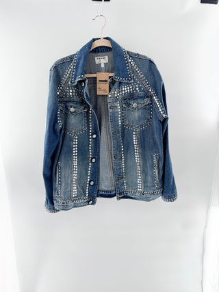 Frame Le studded cotton denim jacket featuring allover stud embellishments designed with front button closure, chest flap pockets, and welt side pockets, S