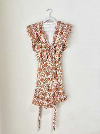 Veronica Beard Mikhail Floral Flutter Sleeve Mini Wrap Dress Orange Women's US 2