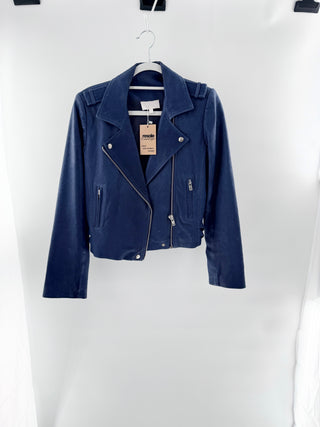 Alexis cropped moto jacket featuring classic biker silhouette with asymmetrical zip closure, notched lapels, and silver hardware, M
