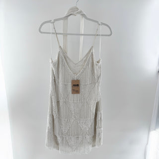 Retrofete Sleeveless Fringe Embellished Sequins Mini Dress Silver Women's Medium