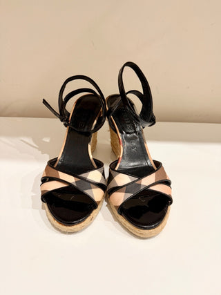 Burberry Espadrille & Patent Leather Check Ankle Strap Wedge Sandals Black EU 39