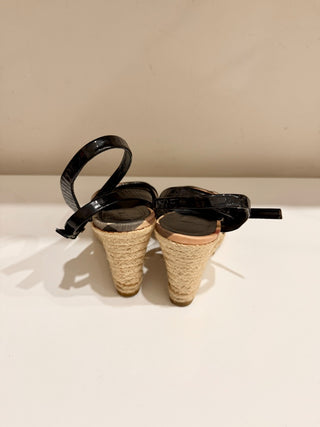 Burberry Espadrille & Patent Leather Check Ankle Strap Wedge Sandals Black EU 39