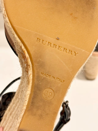 Burberry Espadrille & Patent Leather Check Ankle Strap Wedge Sandals Black EU 39