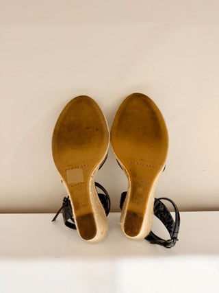 Burberry Espadrille & Patent Leather Check Ankle Strap Wedge Sandals Black EU 39