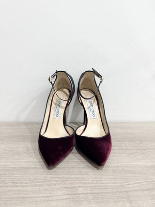 Jimmy Choo Lucy 85 Velvet Half-d'Orsay Stilettos Heel Pump Bordeaux Red Women 37