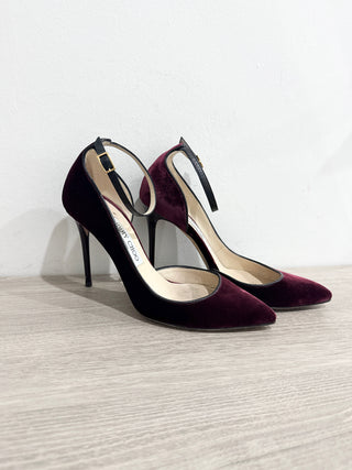 Jimmy Choo Lucy 85 Velvet Half-d'Orsay Stilettos Heel Pump Bordeaux Red Women 37