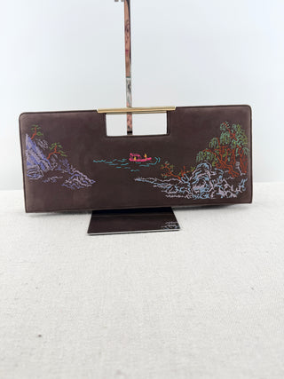 Shanghai Tang suede embroidered east west clutch bag