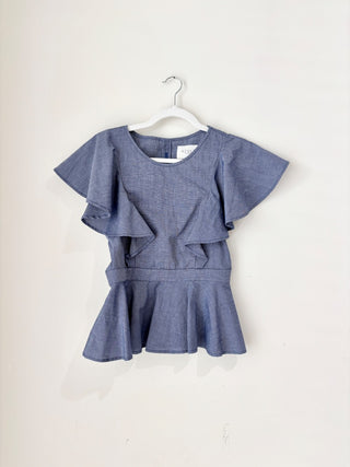 Azulu Chambray Cotton Ruffle Flutter Sleeve Peplum Blouse Blue Women's Size XS
