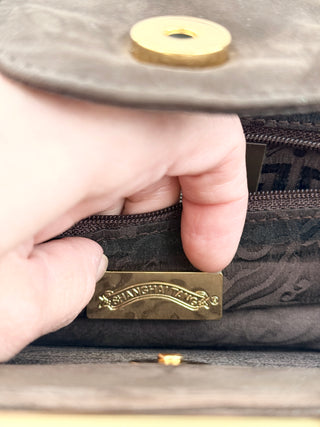 Shanghai Tang suede embroidered east west clutch bag