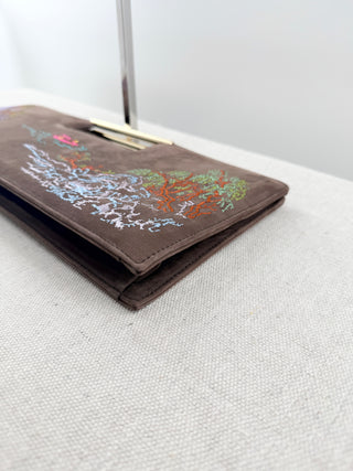 Shanghai Tang suede embroidered east west clutch bag