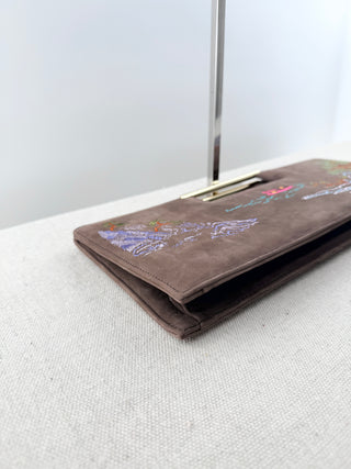 Shanghai Tang suede embroidered east west clutch bag