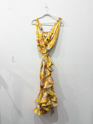 Bronx & Banco Narciss Floral V-Neck Ruffle Trim Maxi Wrap Dress Yellow Womens M