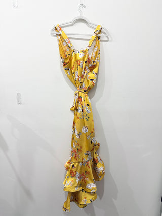Bronx & Banco Narciss Floral V-Neck Ruffle Trim Maxi Wrap Dress Yellow Womens M