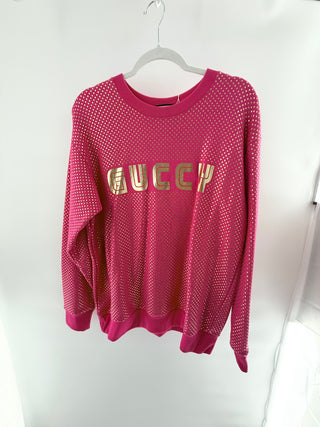 Gucci perforated knit sweatshirt featuring an allover micro-dot texture and metallic GUCCI logo across front, M