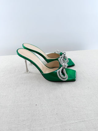 Mach and Mach metallic mule sandal with crystal bow, 41