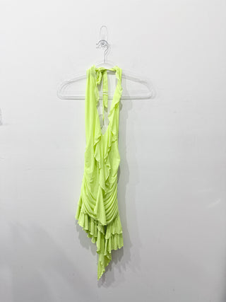 Outcast Annika Sleeveless Halter Ruched Ruffle Mesh Mini Dress Chartreuse XXS