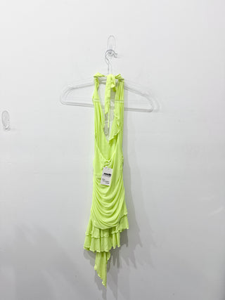Outcast Annika Sleeveless Halter Ruched Ruffle Mesh Mini Dress Chartreuse XXS