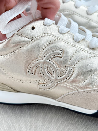 Chanel laminated calfskin suede quilted CC women sneakers                                                                                                                                                                                        laminated calf