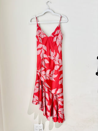 PatBO Leaves Ruffle Asymmetrical Midi Slip Dress Coral Red Women's Size US 4