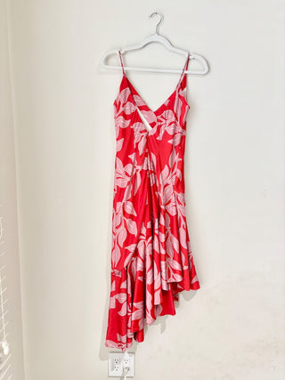 PatBO Leaves Ruffle Asymmetrical Midi Slip Dress Coral Red Women's Size US 4