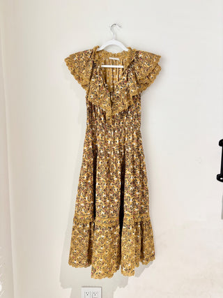 Ulla Johnson mustard yellow pattern ruffle maxi dress, 2