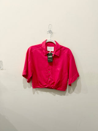 Frame linen blend short sleeve crop button down top, S