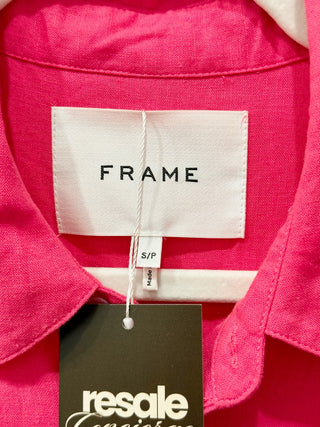 Frame linen blend short sleeve crop button down top, S