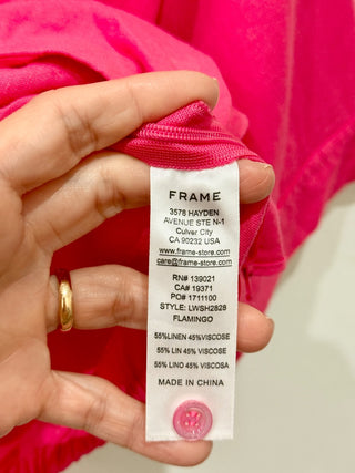 Frame linen blend short sleeve crop button down top, S