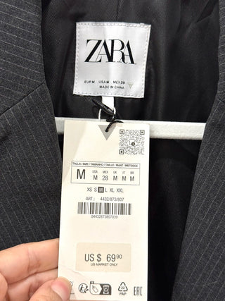 NWT Zara Crop Pinstripe Notched One-Button Blazer Dark Gray Women's Size Medium