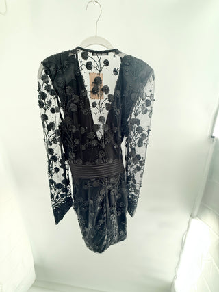 Zhivago In The Garden Lace Embroidered Floral Mini Wrap Dress Black Women's S