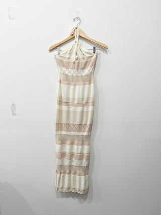 Ecru Crochet Sleeveless Halter Neck Maxi Long Dress Cream Tan Womens Size XS/S