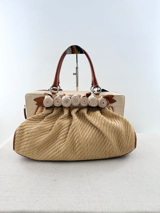 Valentino raffia top handle rose embellished large bag