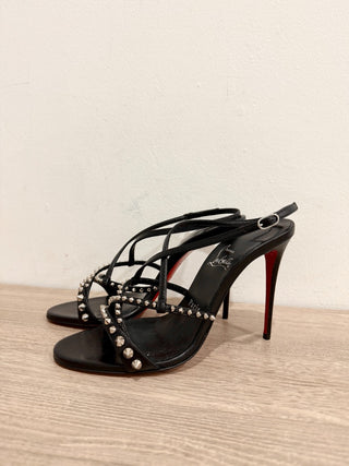 NWOT Christian Louboutin Tatooshka Spikes Leather Strappy Sandals Black EU 38.5