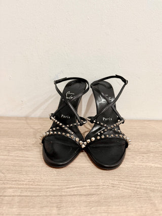NWOT Christian Louboutin Tatooshka Spikes Leather Strappy Sandals Black EU 38.5