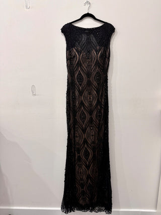 Jovani Lace Embellished Beaded Open Back Maxi Dress Formal Black/Nude Womens 12