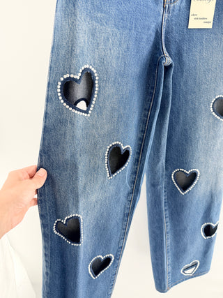 Alice & Olivia heart rhinestone trim cut outs jeans, 27