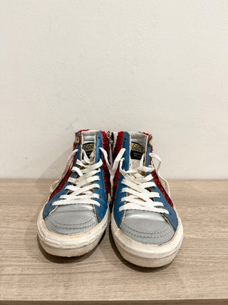 Golden Goose Sequin Lace-Up Hi-Top Slide Sneakers Metallic Red/Blue Women EU 37