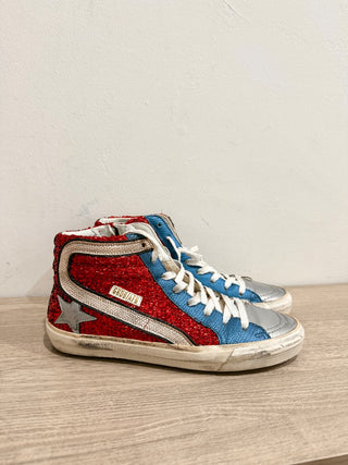 Golden Goose Sequin Lace-Up Hi-Top Slide Sneakers Metallic Red/Blue Women EU 37