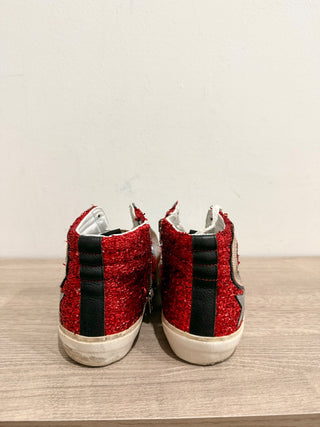 Golden Goose Sequin Lace-Up Hi-Top Slide Sneakers Metallic Red/Blue Women EU 37