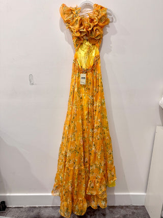 Mac Duggal Indy Ruffle Tiered Cut-Out Chiffon Floral A-Line Gown Yellow Womens 0