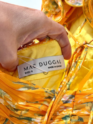 Mac Duggal Indy Ruffle Tiered Cut-Out Chiffon Floral A-Line Gown Yellow Womens 0