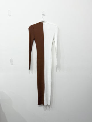 STAUD Shoko Colorblock Long Sleeve Knit Sweater Dress White Tan Women's Medium