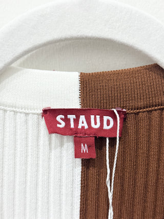 STAUD Shoko Colorblock Long Sleeve Knit Sweater Dress White Tan Women's Medium