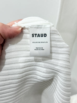 STAUD Shoko Colorblock Long Sleeve Knit Sweater Dress White Tan Women's Medium