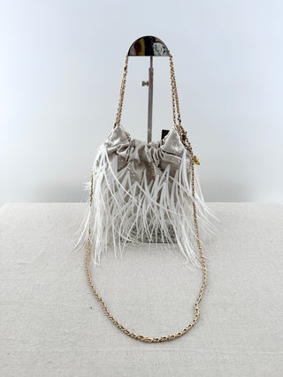 Tory Burch mini fleming feather satin drawstring bag