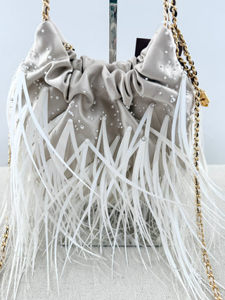 Tory Burch mini fleming feather satin drawstring bag