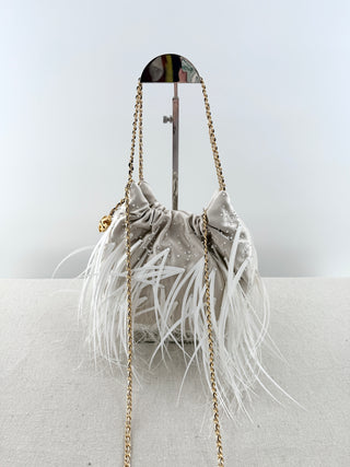 Tory Burch mini fleming feather satin drawstring bag