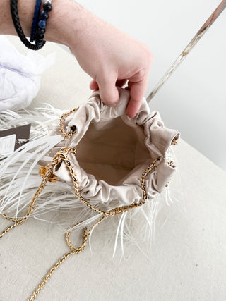 Tory Burch mini fleming feather satin drawstring bag